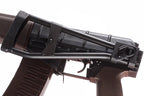 LCT AS VAL airsoft rifle close up of folded metal skeleton stock trigger and brown polymer grip