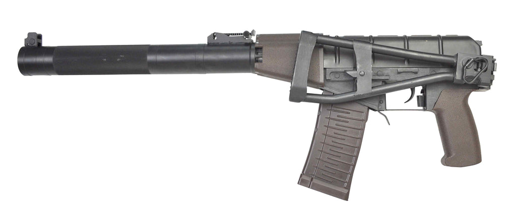 LCT AS VAL airsoft rifle AEG replica by LCT in gray with integral suppressor folding skeleton stock and brown grip