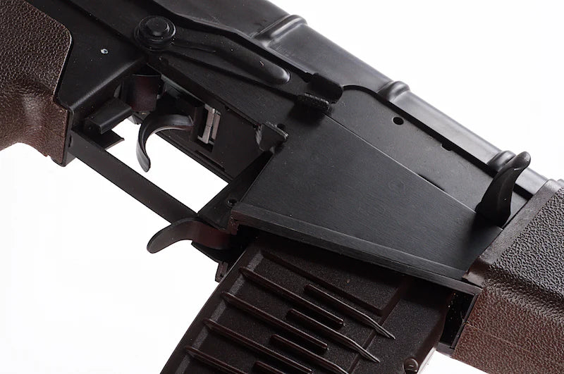 LCT AS VAL airsoft rifle close up of black receiver trigger and magazine AEG replica by LCT