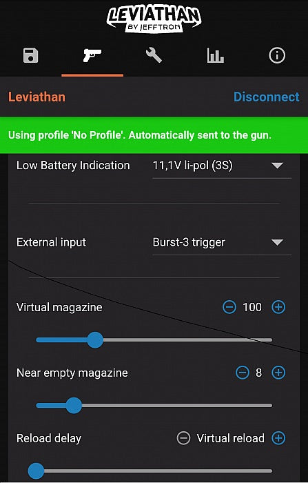 Leviathan app interface showing settings for mosfet evo3 accessory by Jefftron with battery and trigger configurations