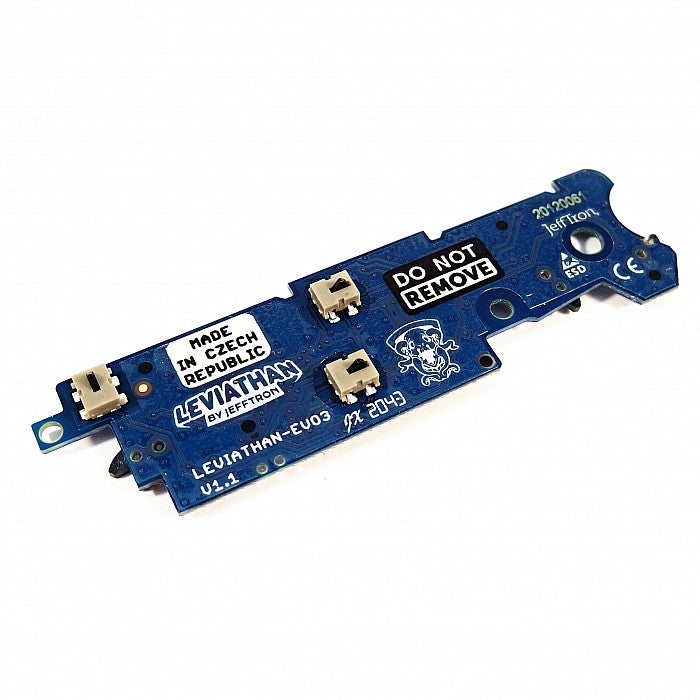 Jefftron mosfet evo3 blue circuit board accessory with connectors and labels for airsoft guns