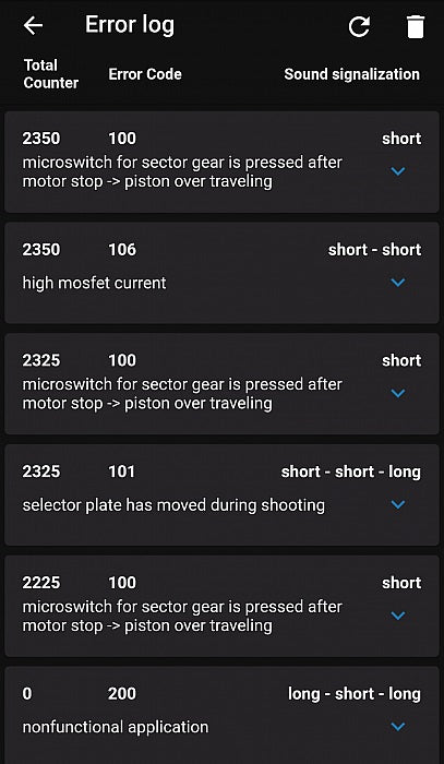 Jefftron mosfet evo3 error log screen showing error codes and descriptions for troubleshooting