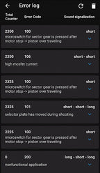 Jefftron mosfet evo3 error log screen showing error codes and descriptions for troubleshooting