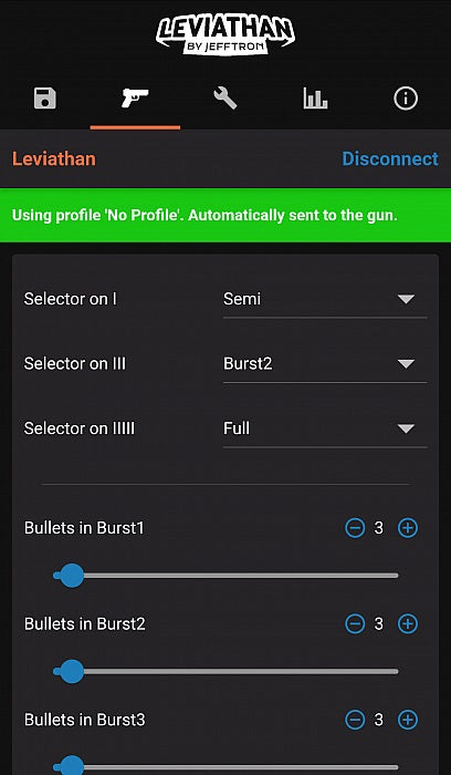 Jefftron Leviathan app interface showing mosfet evo3 settings for burst and semi firing modes