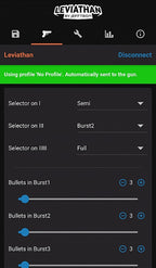 Jefftron Leviathan app interface showing mosfet evo3 settings for burst and semi firing modes