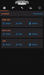 Leviathan app interface by Jefftron displaying settings for mosfet evo3 with DMR rifle and semi-only options