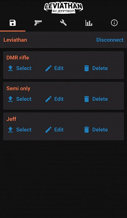 Leviathan app interface by Jefftron displaying settings for mosfet evo3 with DMR rifle and semi-only options