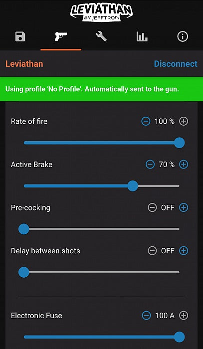 Leviathan by Jefftron app interface showing adjustable settings for mosfet evo3 accessory