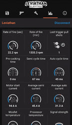 Jefftron Leviathan app interface showing performance stats for mosfet evo3 accessory including rate of fire and current