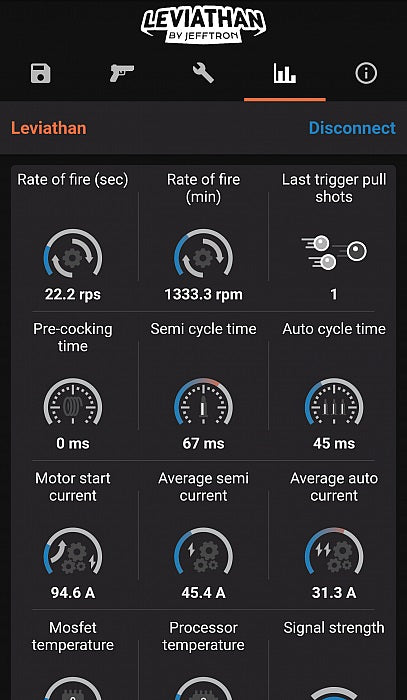 Jefftron Leviathan app interface showing performance stats for mosfet evo3 accessory including rate of fire and current