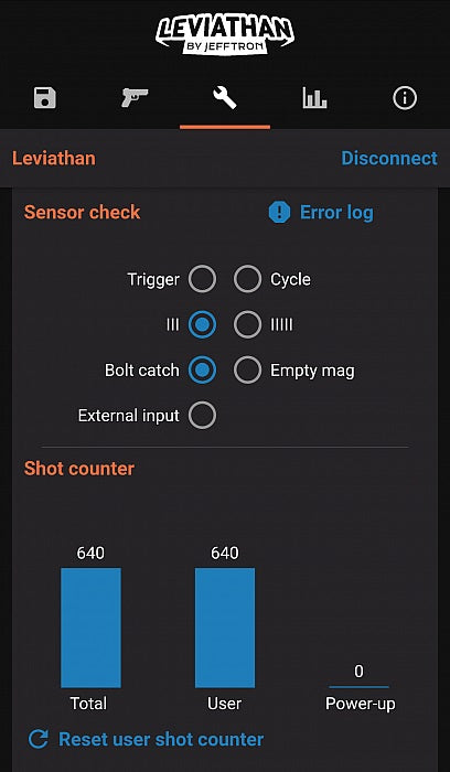 Jefftron Leviathan app screen showing sensor check and shot counter for mosfet evo3 accessory