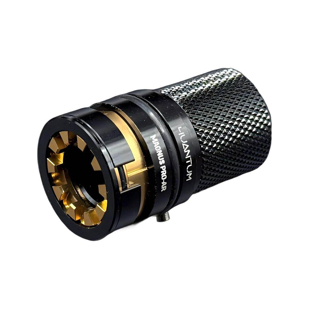 4UANTUM black and gold adjustable airsoft hop-up chamber for AR with knurled rear grip