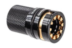 4UANTUM black metal airsoft hop-up chamber for AR with knurled grip and gold inner adjustment ring