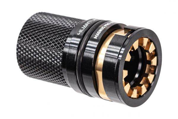4UANTUM black metal airsoft hop-up chamber for AR with knurled grip and gold inner adjustment ring