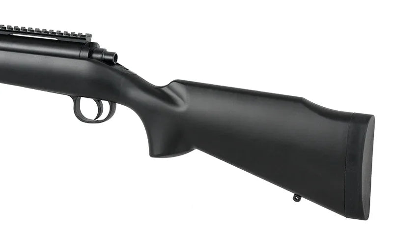 Double Eagle M61 airsoft sniper rifle featuring a sleek black finish and adjustable stock