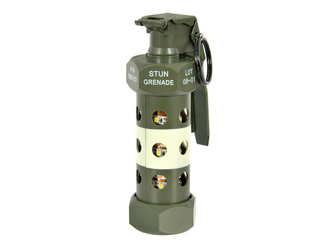 MATRIX m82 flashbang airsoft stun grenade replica in military green with pull pin and perforated body