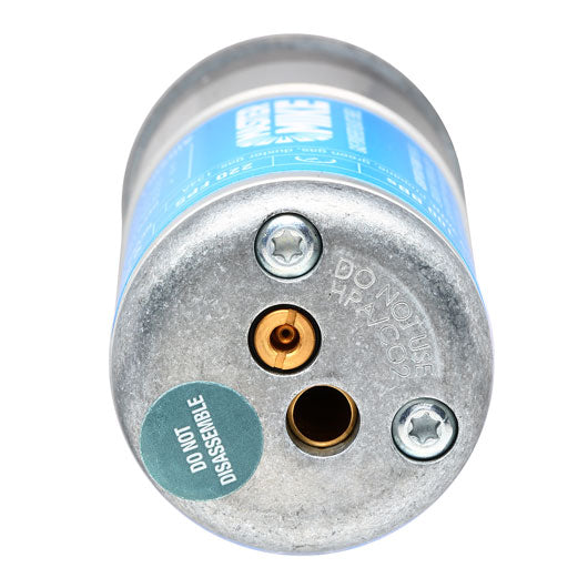 MASTERMIKE airsoft gas canister with safety warning label and threaded nozzle for airsoft guns