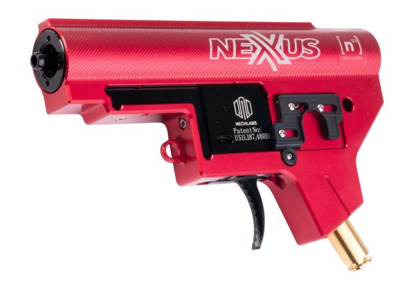 Red anodized MECHLABS INTERNE gearbox with trigger and gold air line fitting GEARBOX NEXXUS HPA