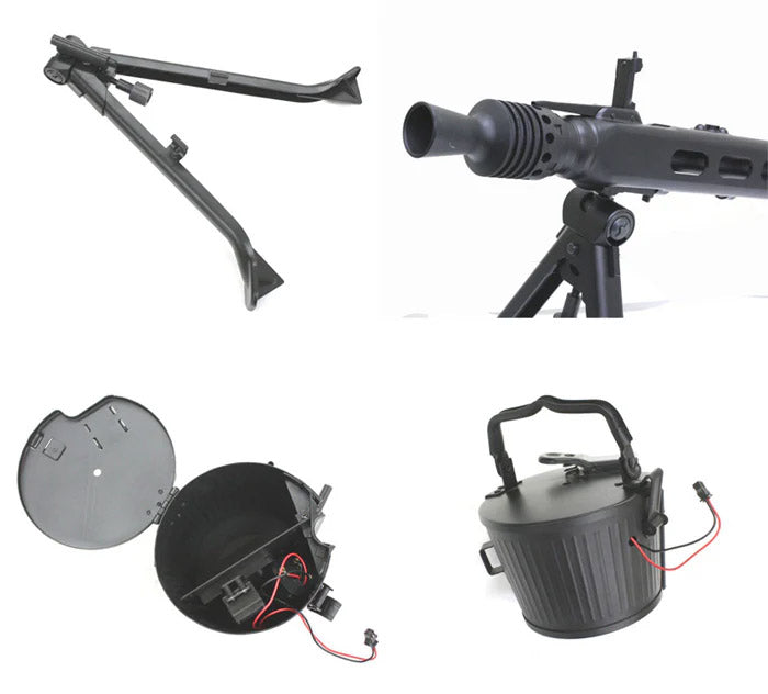 Components of AEG including tripod, barrel, and drum magazine for mg42 airsoft enthusiasts