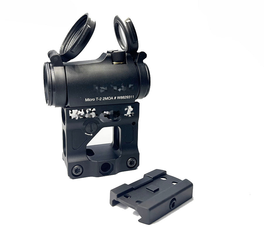 Aimpoint micro t2 reddot sight with flip-up lens covers and mounting base accessory