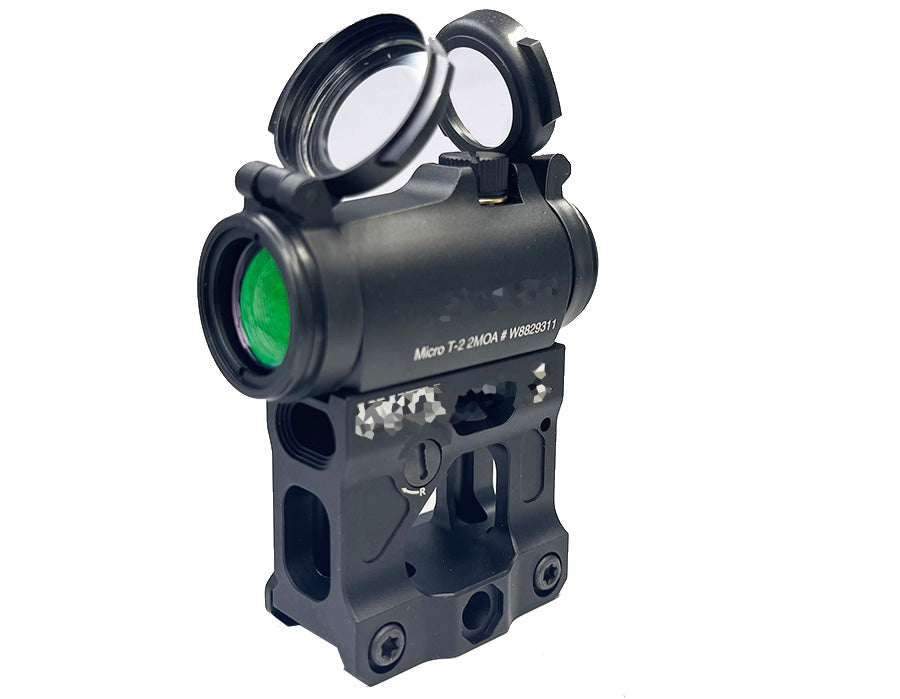 Aimpoint micro t2 reddot sight with flip-up lens covers and mounting bracket for firearms