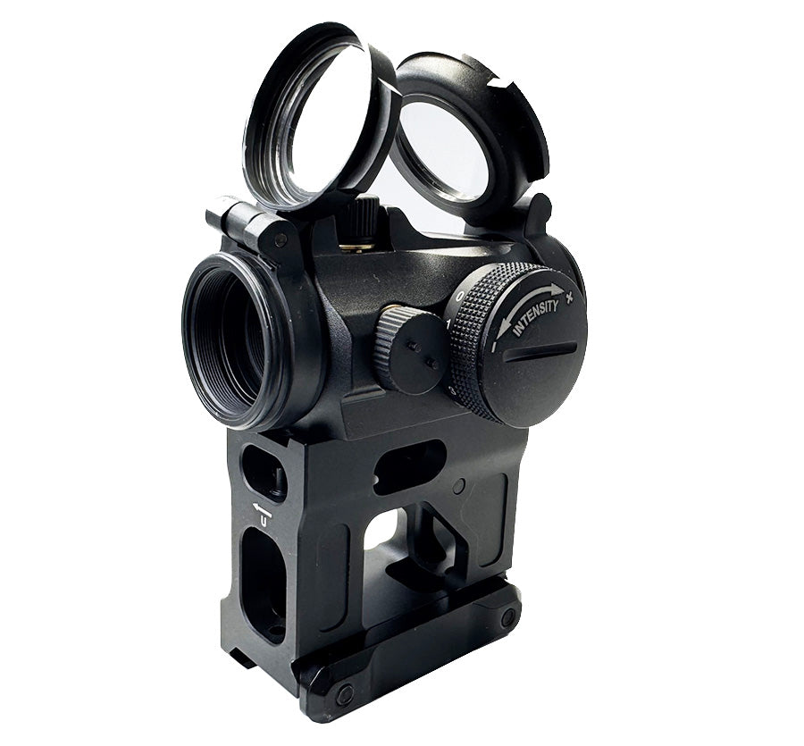 Aimpoint micro t2 reddot sight in black with flip-up lens covers and intensity adjustment knob