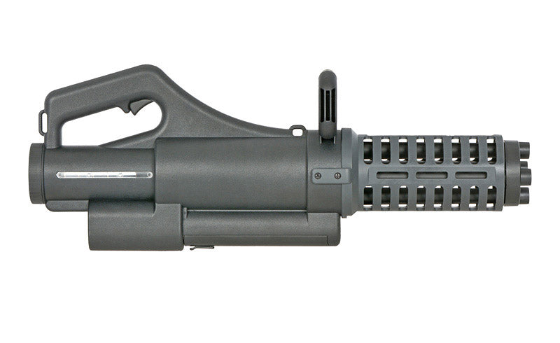 WELL AEG minigun airsoft gun with an ergonomic grip and tactical design for outdoor gameplay
