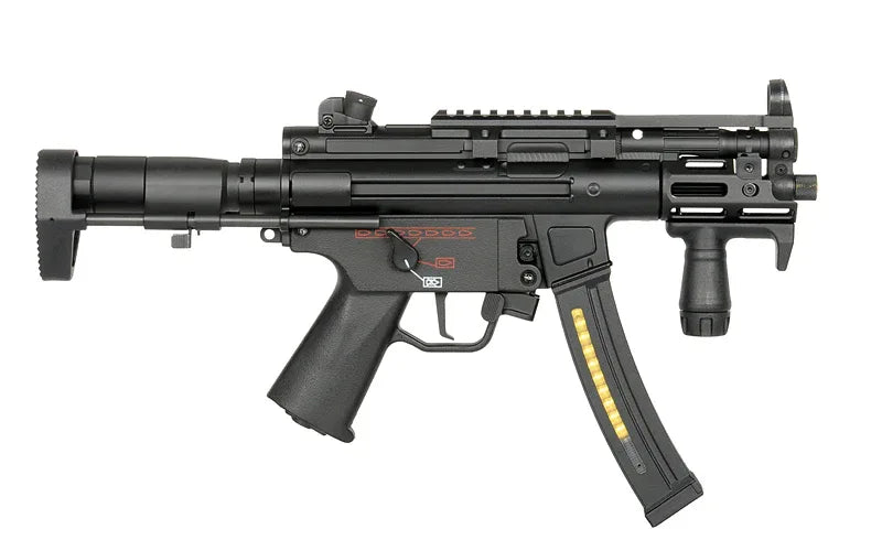 CYMA MP5 airsoft gun with retractable stock and customizable rail system for accessories