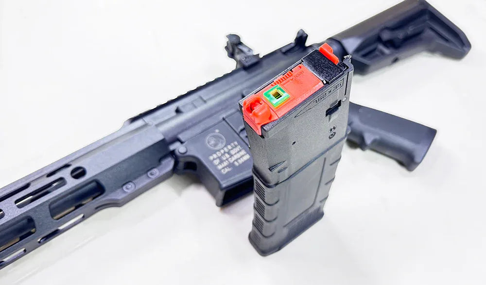 PROW GBBR airsoft rifle with a magazine highlighting its mws AIRSOFT compatibility