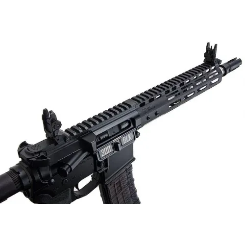 Close-up of EMG NOVESKE N4 Black Rifle with Tactical Handguard and Front Sights