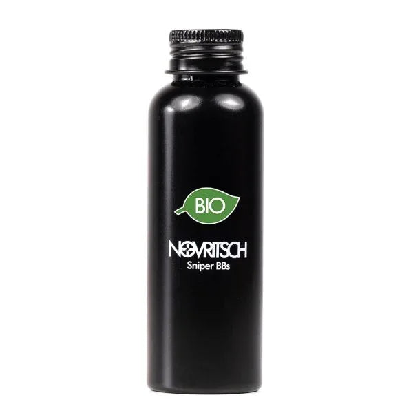 Novritsch Bio Sniper BBs in a sleek black bottle for eco-friendly airsoft use