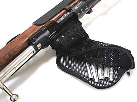 Double Bell Kar 98 black mesh accessory pouch attached to wooden rifle stock with metal cartridges inside