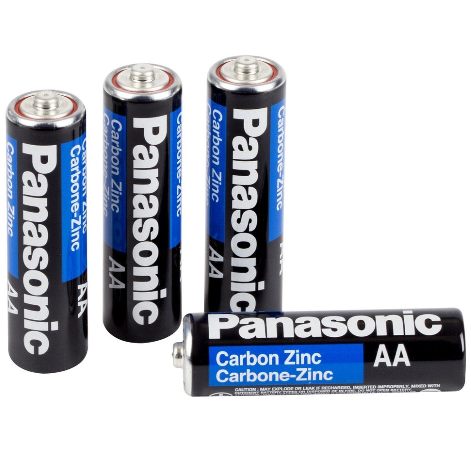 Panasonic AA batteries for airsoft Carbon Zinc AA cells pack of four shown upright and one lying to display label