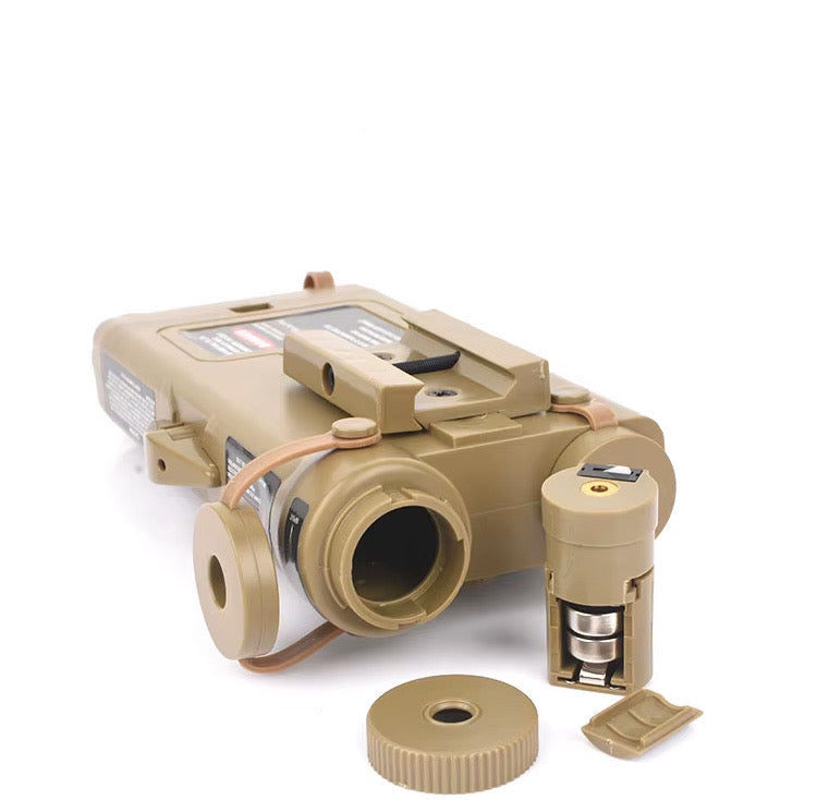 WADSN PEQ Airsoft Tan with battery installation guide and LR44 battery compartment