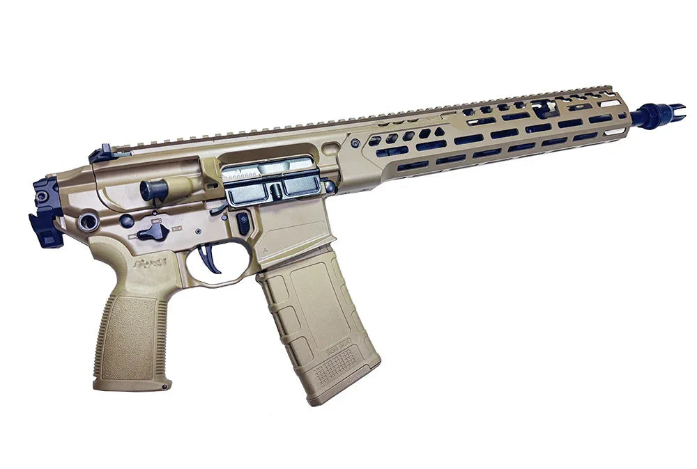 PROW MCX SPEAR LT 13 GBBR AIRSOFT in tan color with unique rail system and magazine