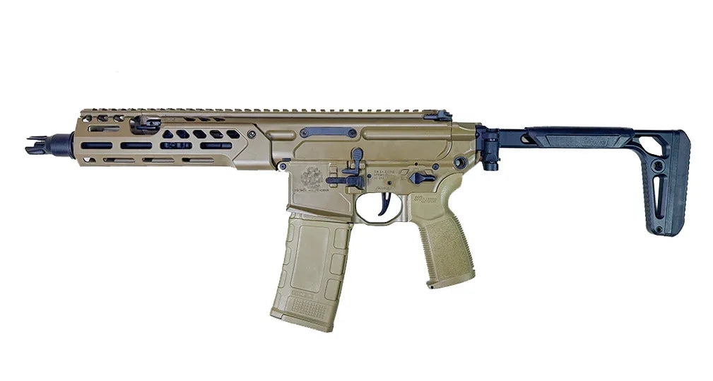 PROW MCX SPEAR LT 9 GBBR AIRSOFT gun in tan with adjustable stock and tactical rail system