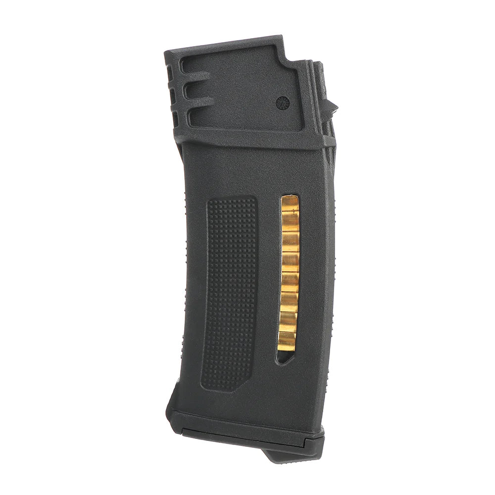 PTS EPM G36 magazine black polymer curved airsoft magazine with textured grip and visible gold BB window