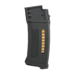 PTS EPM G36 magazine black polymer curved airsoft magazine with textured grip and visible gold BB window