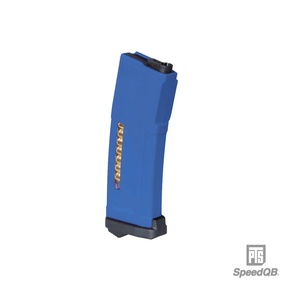 PTS SpeedQB 150 round airsoft magazine in blue with clear BB window and black base plate for AEGs