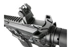 Close-up view of raven evolution Elite G2 AEG AIRSOFT gun focusing on rear sight and rail system