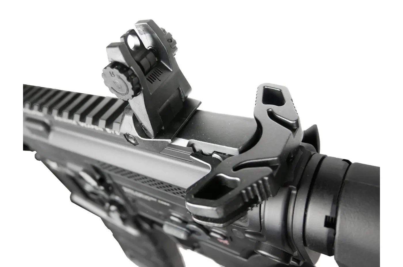 Close-up view of raven evolution Elite G2 AEG AIRSOFT gun focusing on rear sight and rail system