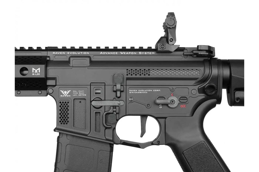 Raven Evolution Elite G2 AEG AIRSOFT black tactical airsoft rifle close-up on receiver and trigger