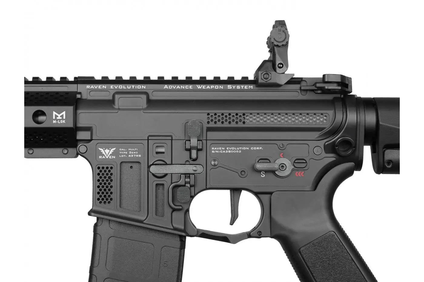 Raven Evolution Elite G2 AEG AIRSOFT black tactical airsoft rifle close-up on receiver and trigger
