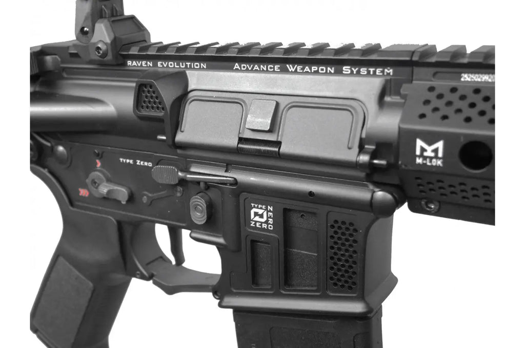 Close-up of Raven Evolution Elite G2 AEG AIRSOFT black airsoft gun with detailed weapon system markings