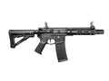 Black AEG airsoft rifle with collapsible stock and rail system