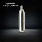 Refillable CO2 cartridge 12g in silver with 3/8 inch threaded design for efficient use