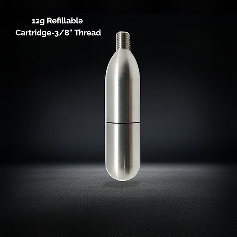 Refillable CO2 cartridge 12g in silver with 3/8 inch threaded design for efficient use