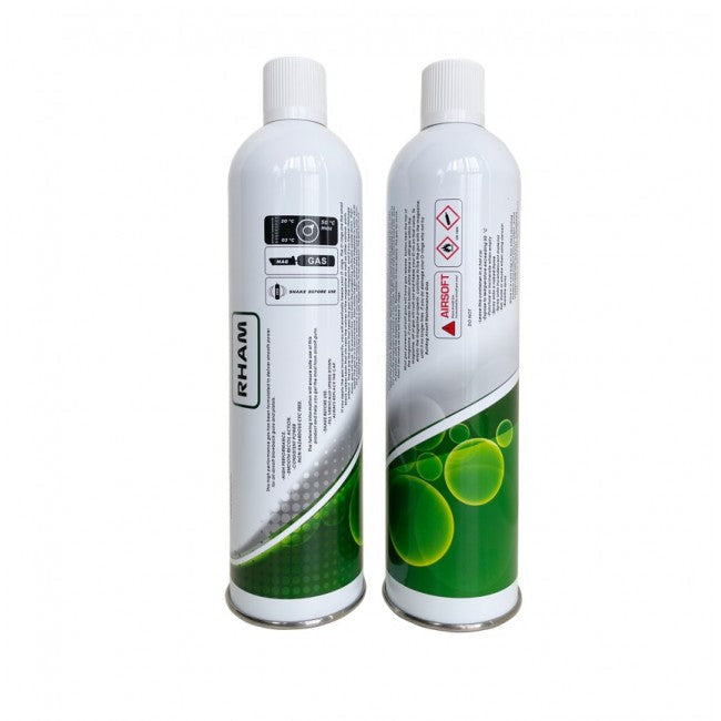 Two white cans of RHAM airsoft green gas with green bubble label for airsoft gas blowback pistols