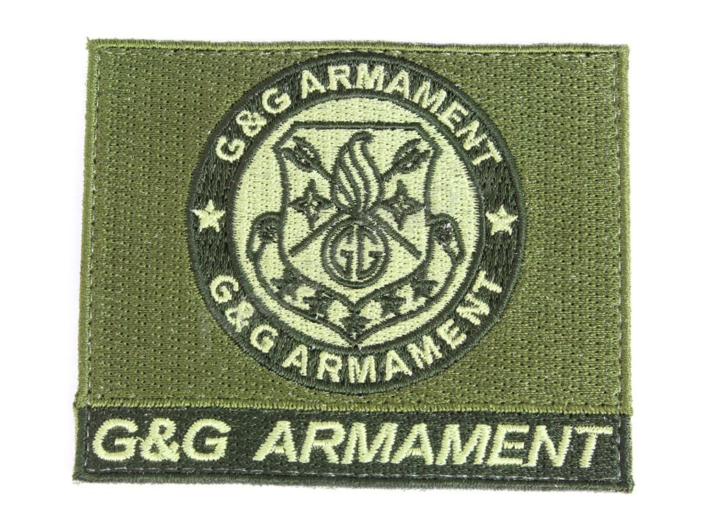 Olive green tactical G&G Armament embroidered patch with circular emblem and name tab