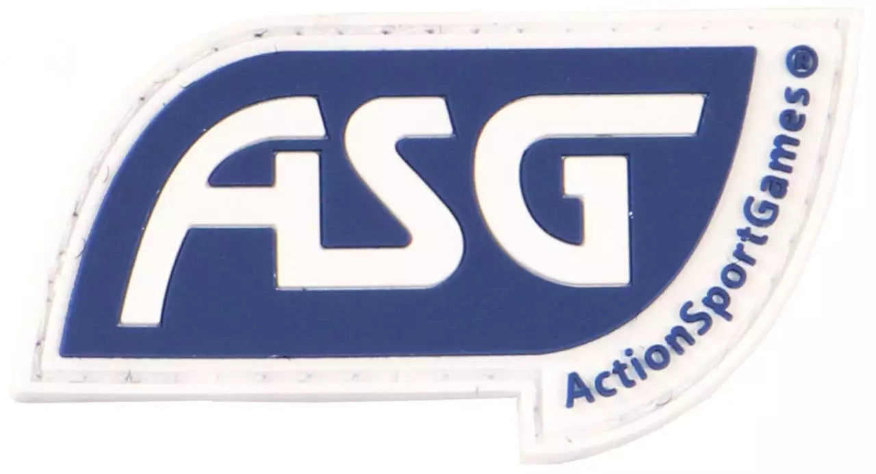 PVC ASG patch for airsoft in blue and white with ASG logo and ActionSportGames text